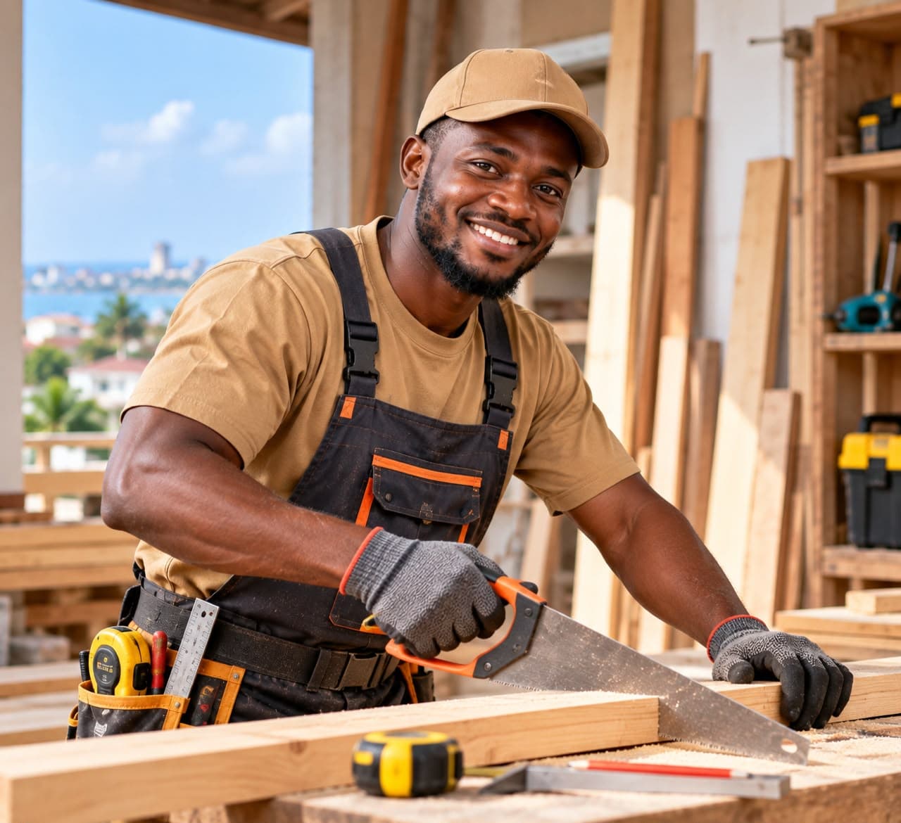 Carpenter sawing timber on a workbench