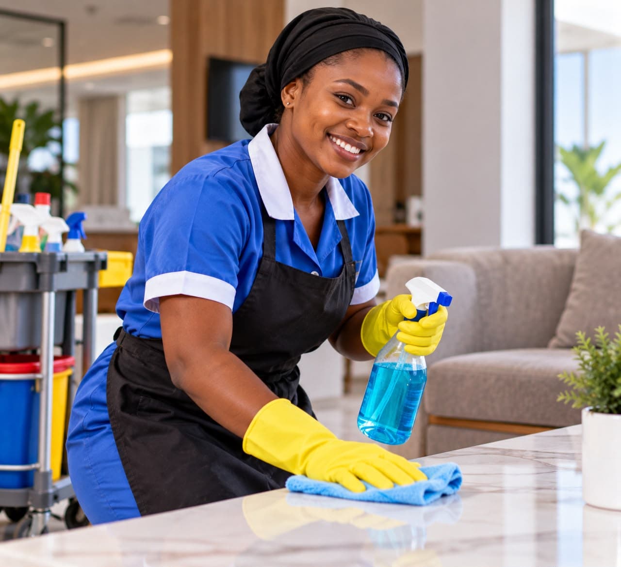 Cleaner in a blue uniform wiping a marble table