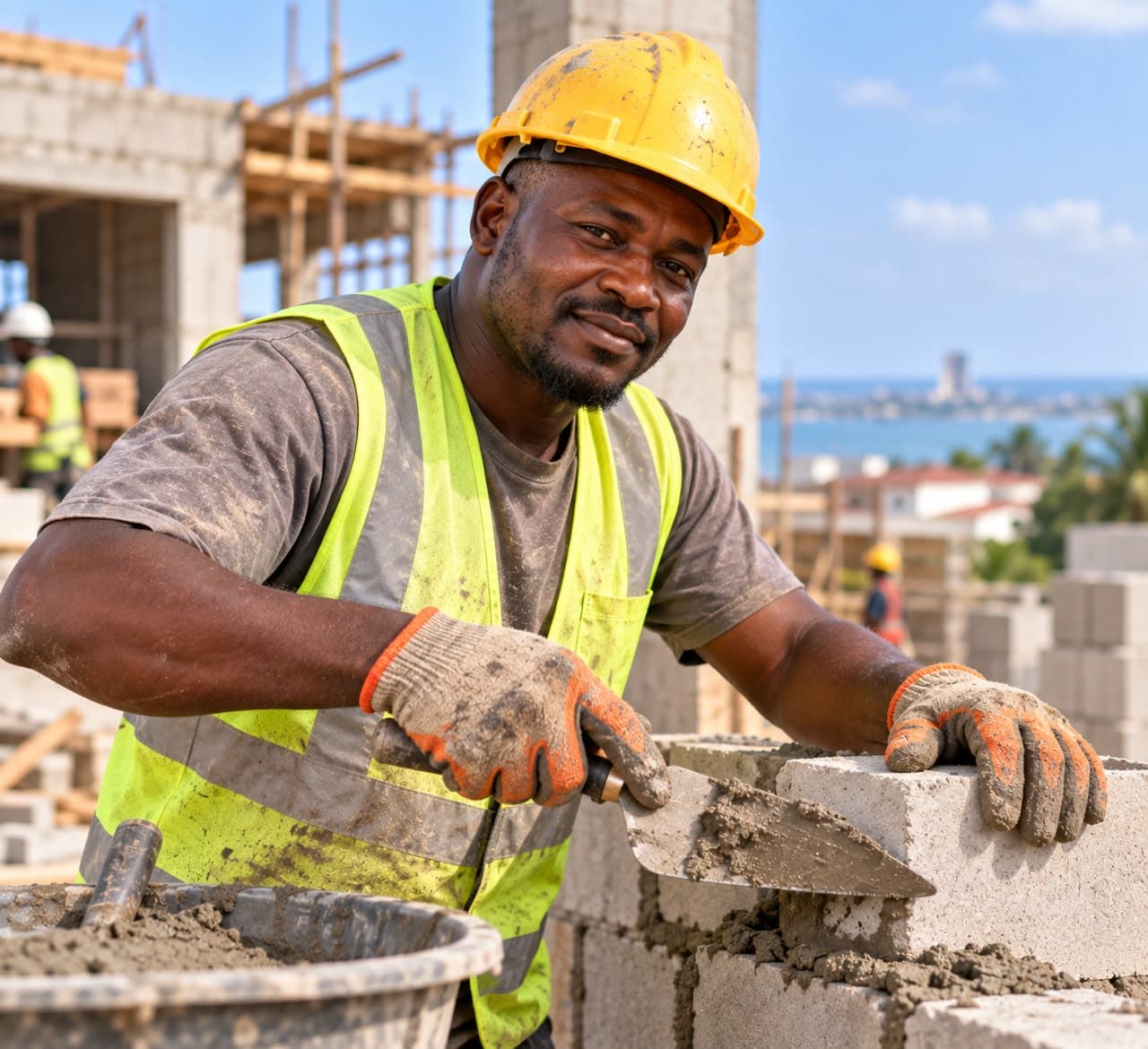 Ghanaian mason laying concrete blocks with the Takoradi coastline behind him