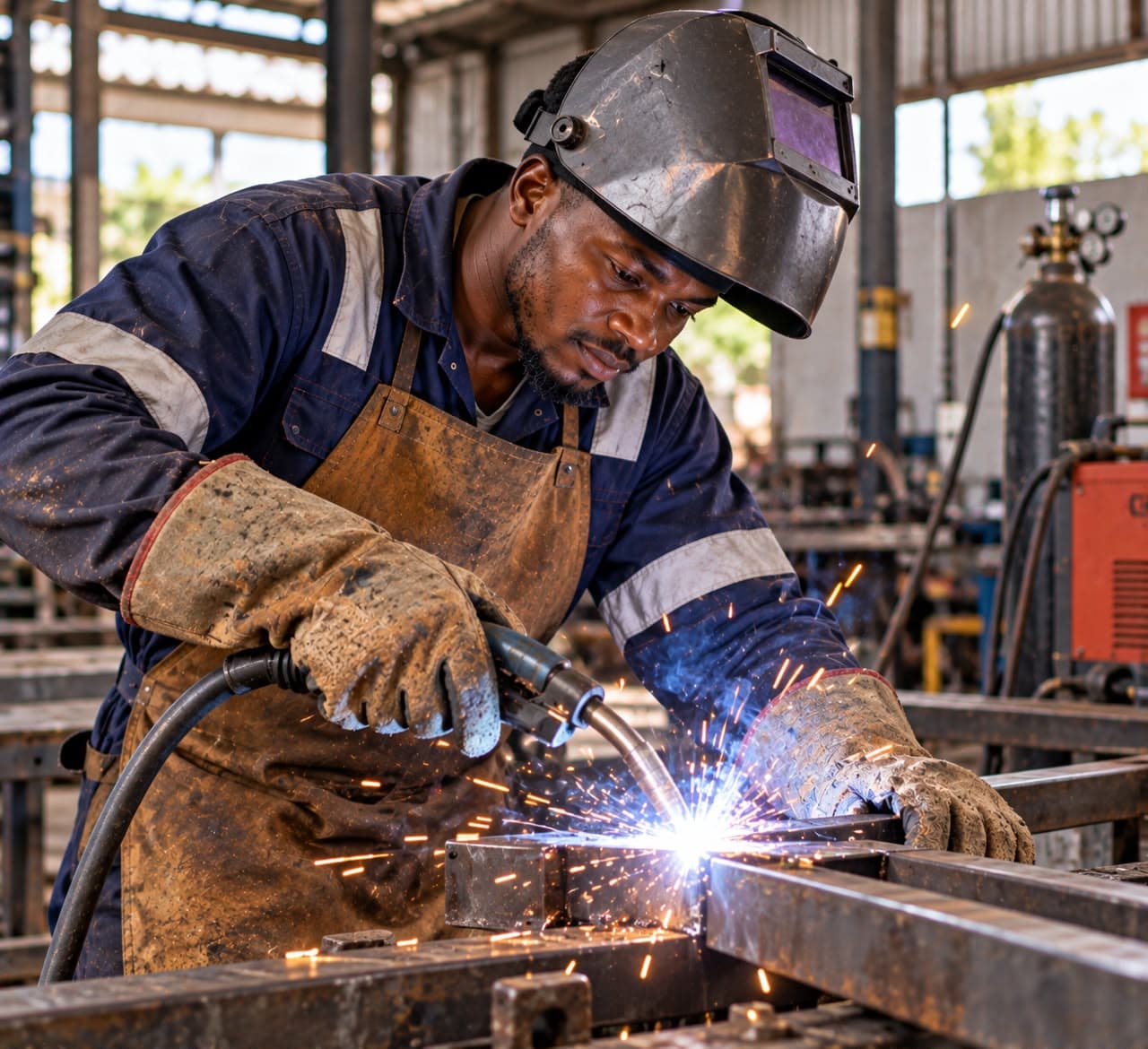 Welder fabricating steel with sparks flying